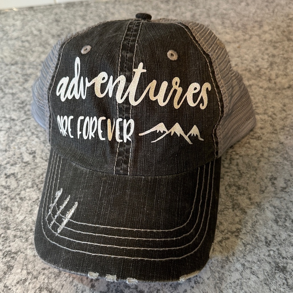 Mega Cap | Women’s Distressed Trucker Hat Graphic Word Slate Gray, OSFM